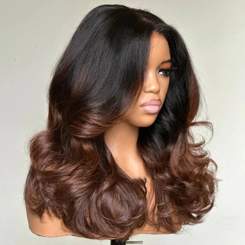 Natural Look Ombre Brown I Part Layered Wavy Human Wig