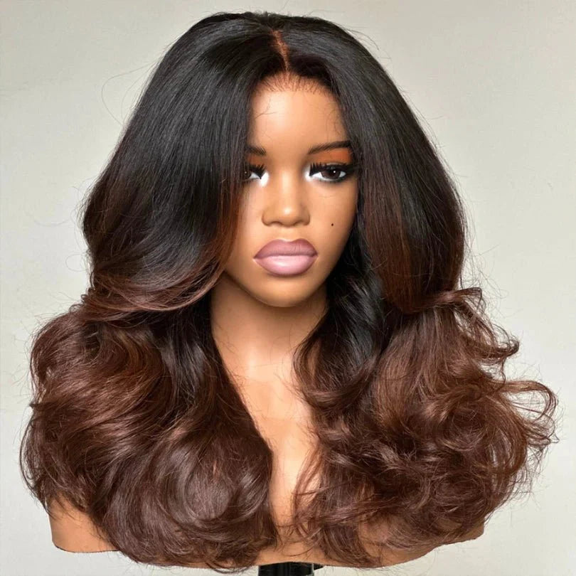 Natural Look Ombre Brown I Part Layered Wavy Human Wig