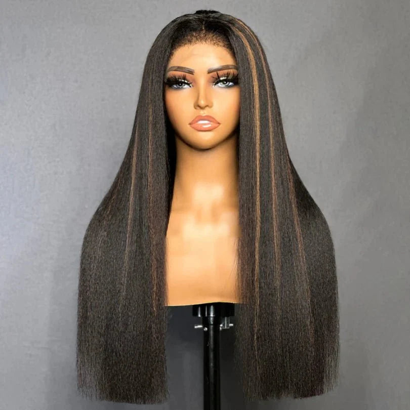 Soft Highlight Brown Kinky Straight Wig for Women