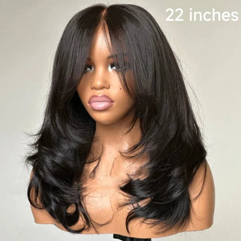 Layered Wavy Wig with Bangs Lace Closure for Women