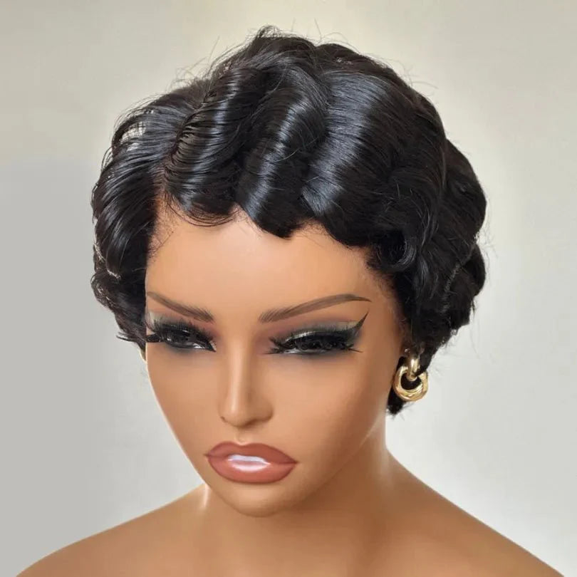 Elegant Jet Black Retro Pixie Cut Finger Wave Wig