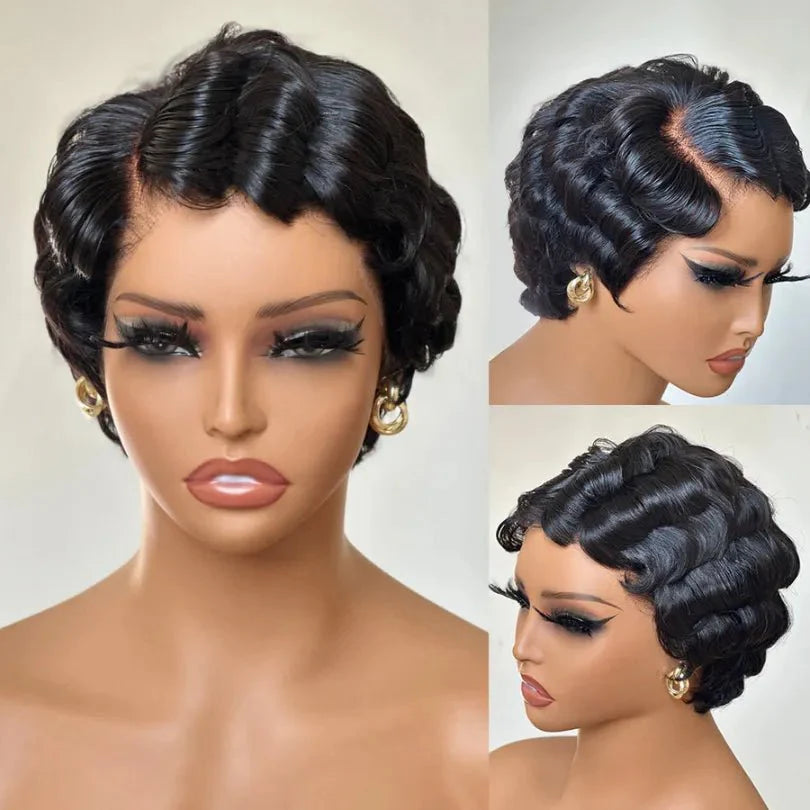 Elegant Jet Black Retro Pixie Cut Finger Wave Wig