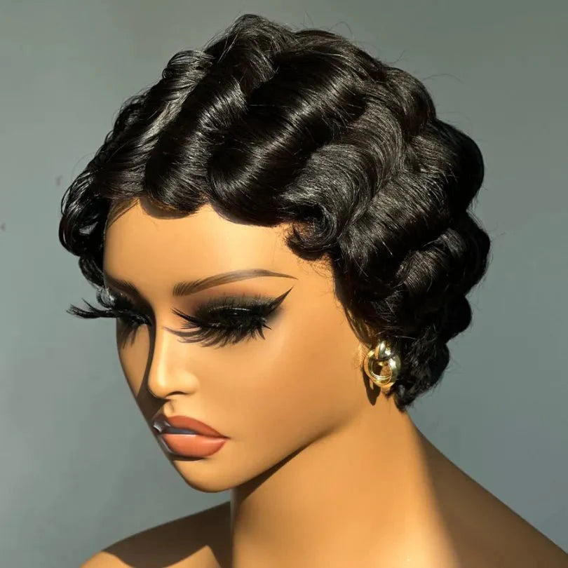 Elegant Jet Black Retro Pixie Cut Finger Wave Wig