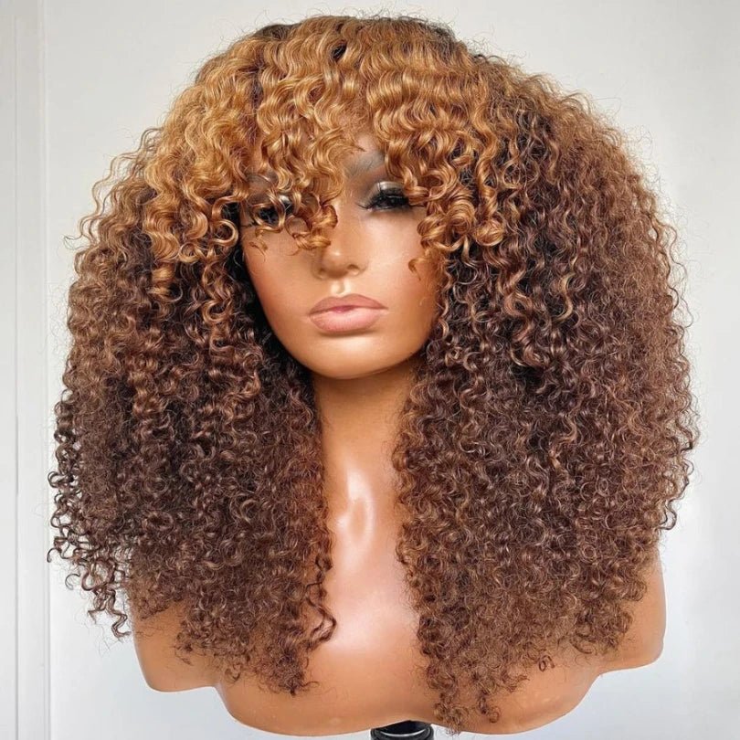 Curly Brown Hair Wig with Blonde Highlights Pre-Cut