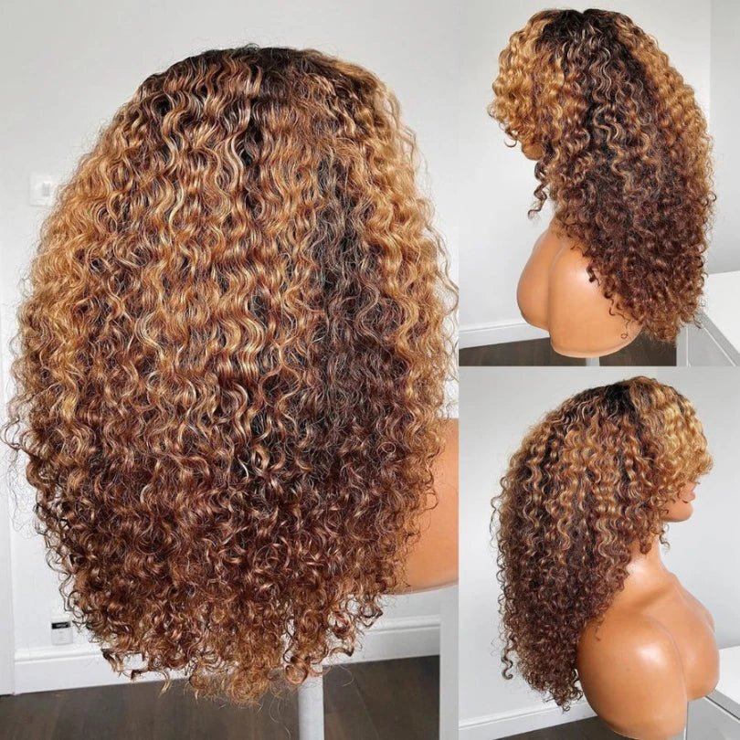 Curly Brown Hair Wig with Blonde Highlights Pre-Cut