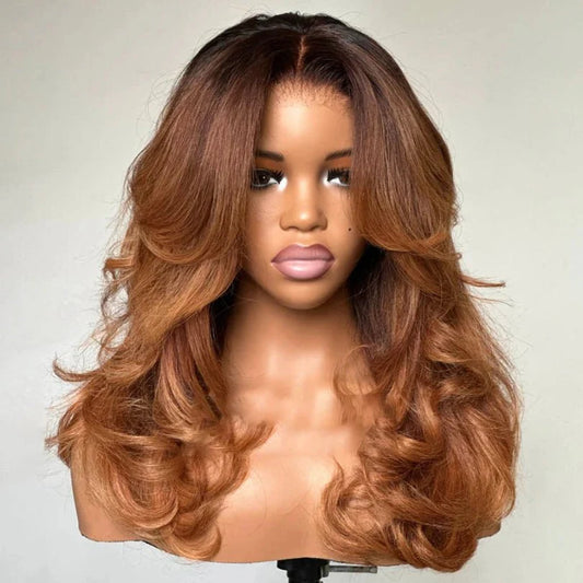 Stylish Mid-part Layered Human Hair Wig with Curtain Bangs