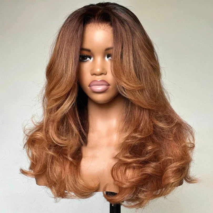 Stylish Mid-part Layered Human Hair Wig with Curtain Bangs