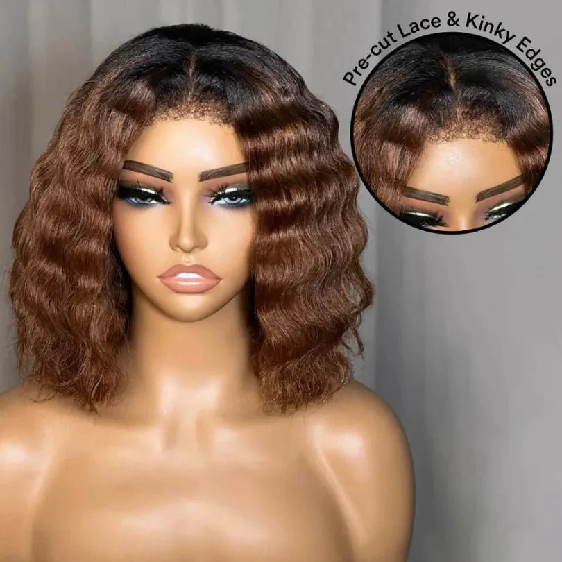 Chic Ombre Brown Mid-part Lace Kinky Wave Wig
