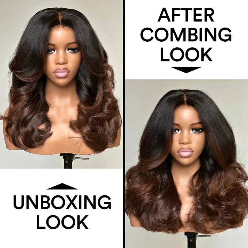 Natural Look Ombre Brown I Part Layered Wavy Human Wig