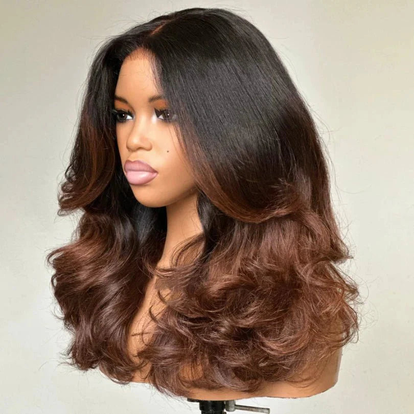 Natural Look Ombre Brown I Part Layered Wavy Human Wig