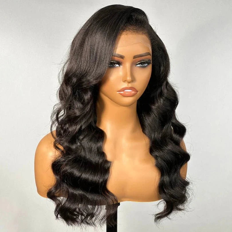 Elegant Wavy C Part Wig in Natural Black Color