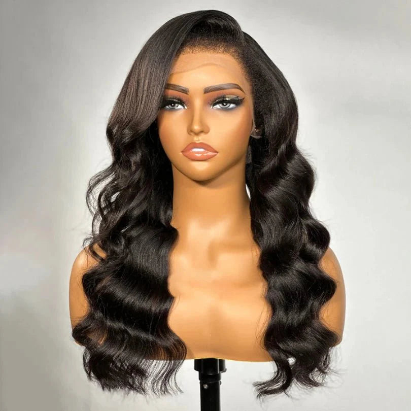 Elegant Wavy C Part Wig in Natural Black Color