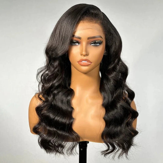 Elegant Wavy C Part Wig in Natural Black Color