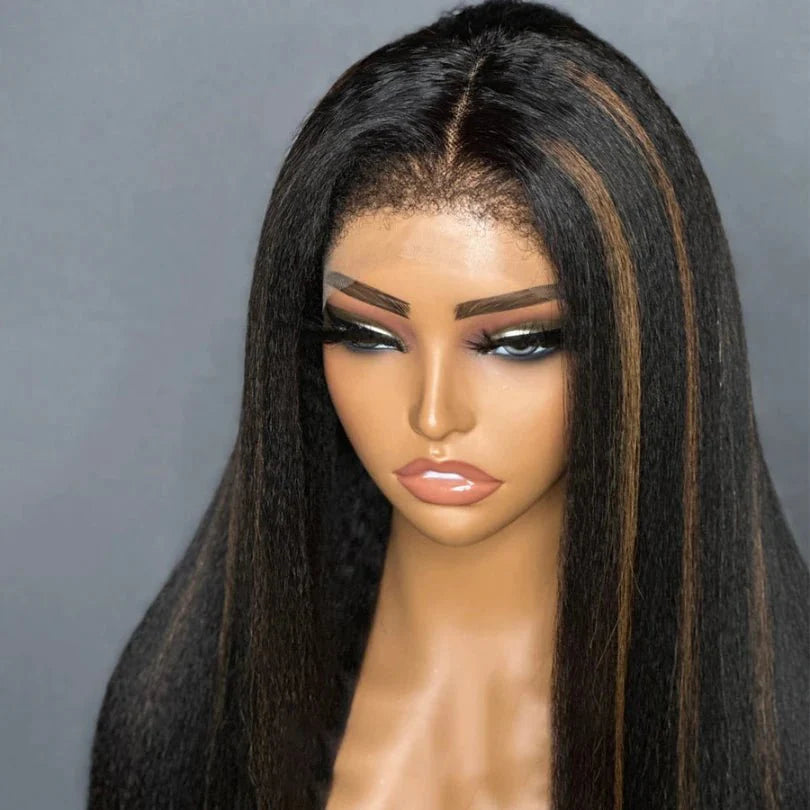 Soft Highlight Brown Kinky Straight Wig for Women