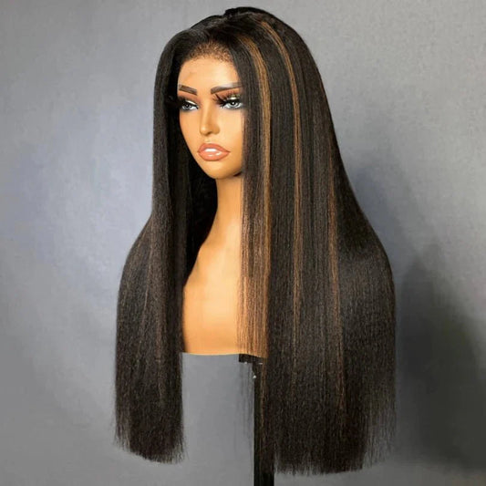 Soft Highlight Brown Kinky Straight Wig for Women