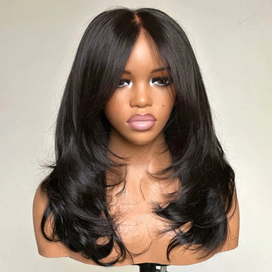 Layered Wavy Wig with Bangs Lace Closure for Women