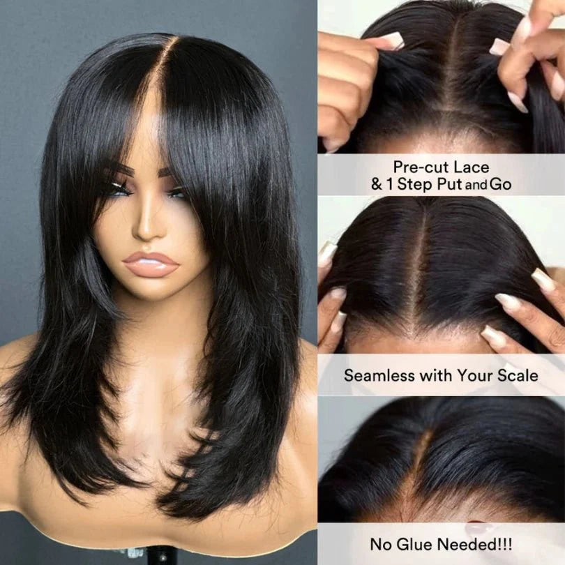 Layered Wavy Wig with Bangs Lace Closure for Women