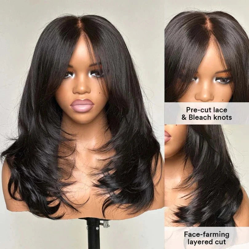 Layered Wavy Wig with Bangs Lace Closure for Women