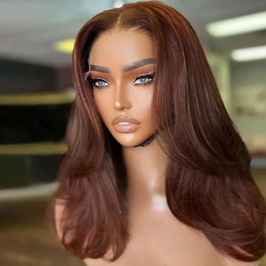 Auburn Brown Lace Front Wig with Middle Part Wavy Layers
