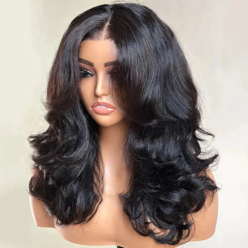 Stylish Layered Curtain Wave Wig in Natural Black