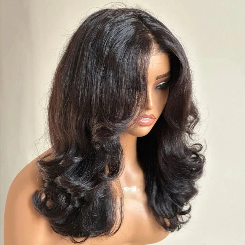 Stylish Layered Curtain Wave Wig in Natural Black