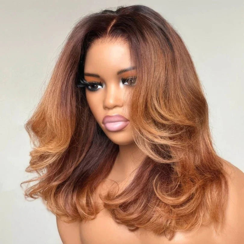 Natural Look Ombre Brown Layered Mid-part Lace Wig