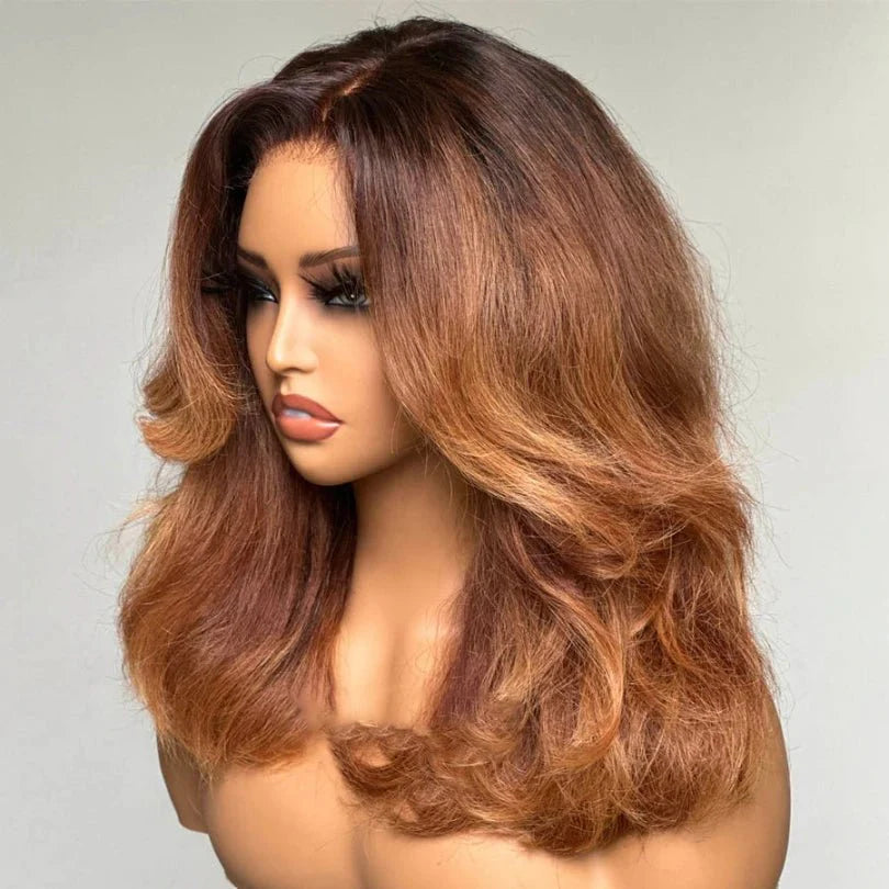 Natural Look Ombre Brown Layered Mid-part Lace Wig