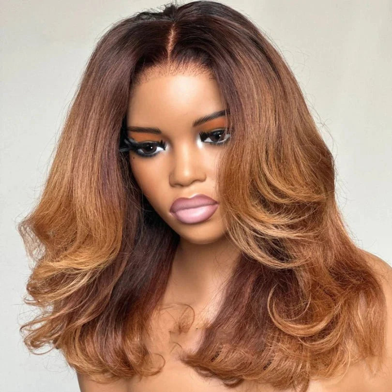 Natural Look Ombre Brown Layered Mid-part Lace Wig