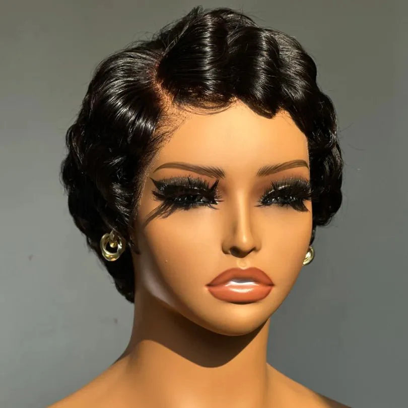Elegant Jet Black Retro Pixie Cut Finger Wave Wig
