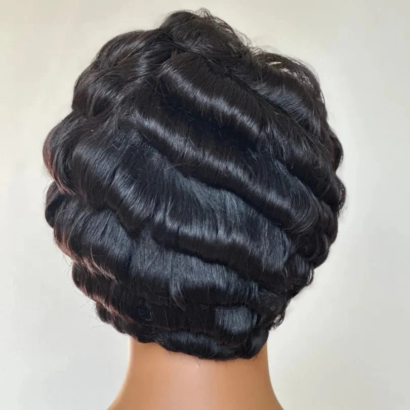 Elegant Jet Black Retro Pixie Cut Finger Wave Wig