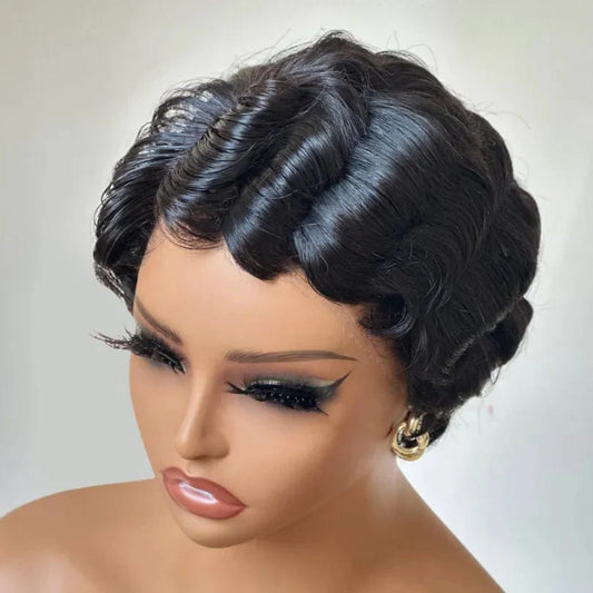 Elegant Jet Black Retro Pixie Cut Finger Wave Wig
