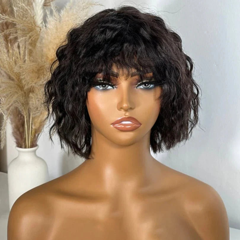 Modern Short Wavy Human Hair Wig with Natural Bangs