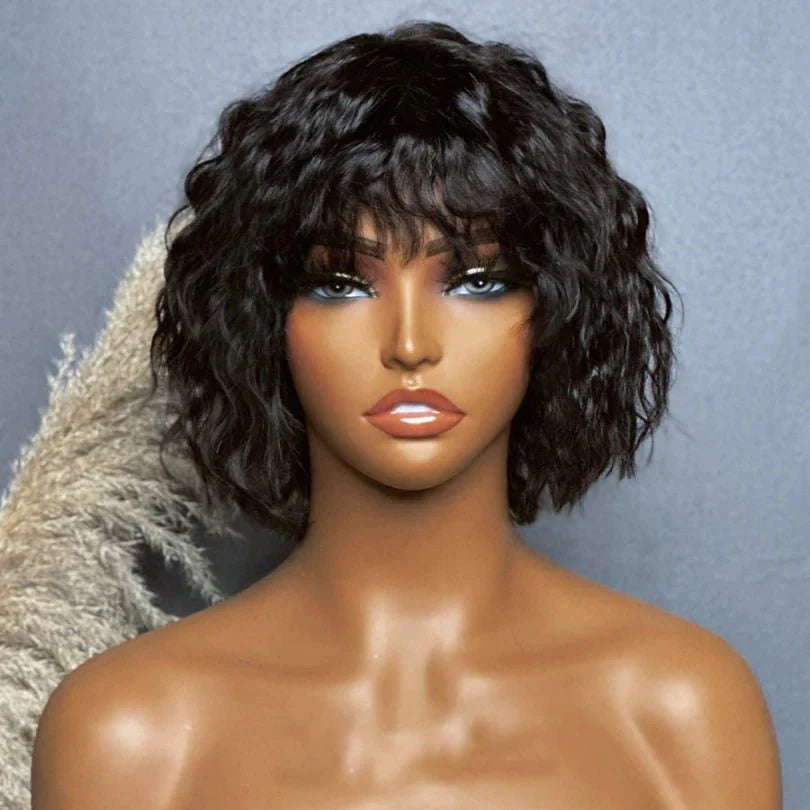 Modern Short Wavy Human Hair Wig with Natural Bangs