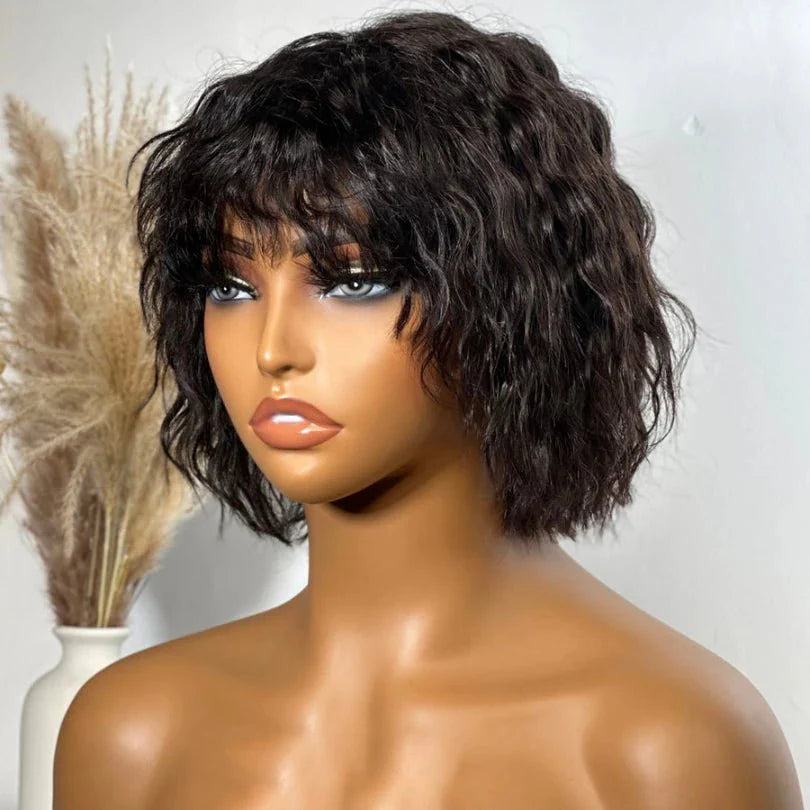 Modern Short Wavy Human Hair Wig with Natural Bangs