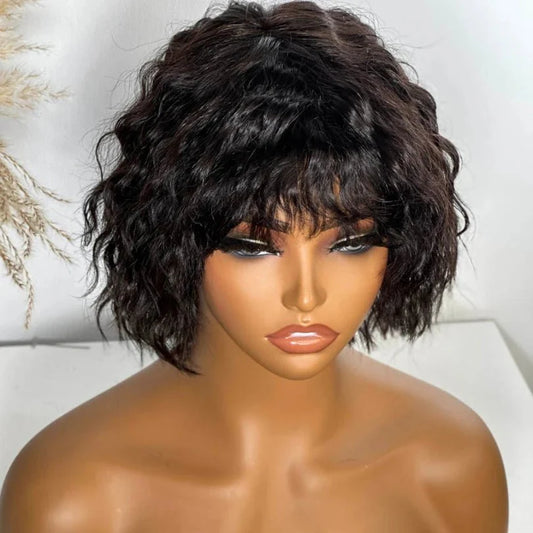 Modern Short Wavy Human Hair Wig with Natural Bangs