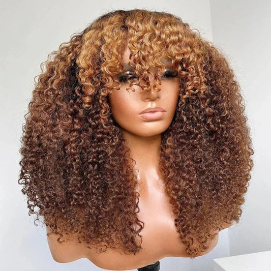 Curly Brown Hair Wig with Blonde Highlights Pre-Cut