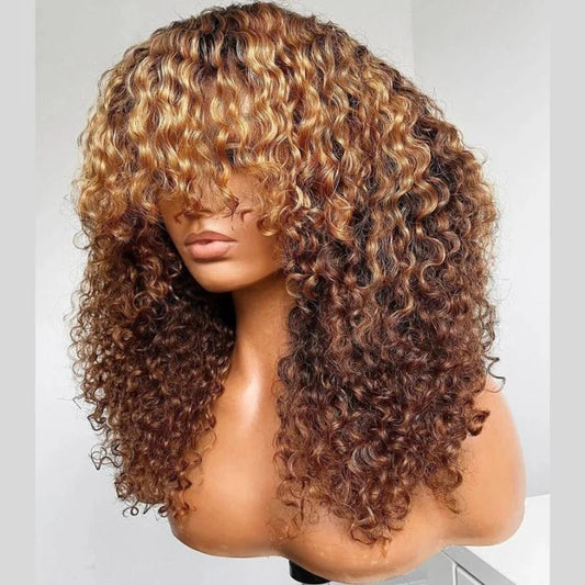 Curly Brown Hair Wig with Blonde Highlights Pre-Cut